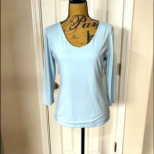 CAbi 859 light blue 3/4 sleeve tee, scoop-V neck, double layer front